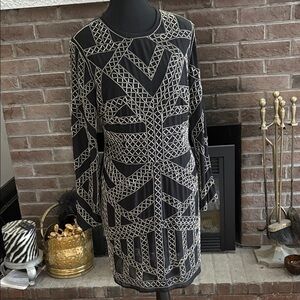 ASOS Black and White Geometric Beaded Long Sleeve Dress